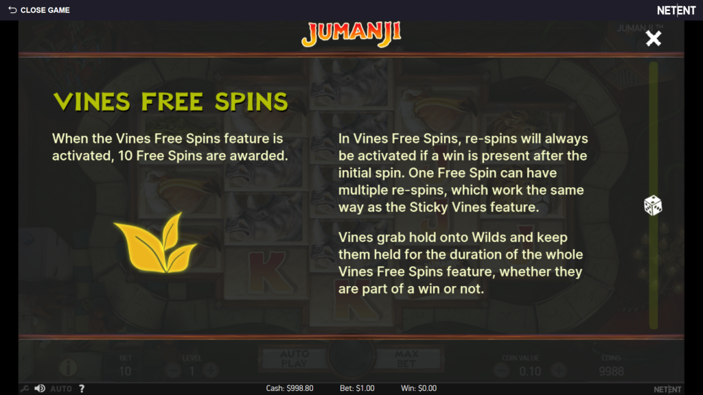 Jumanji Slot Vines Free Spins